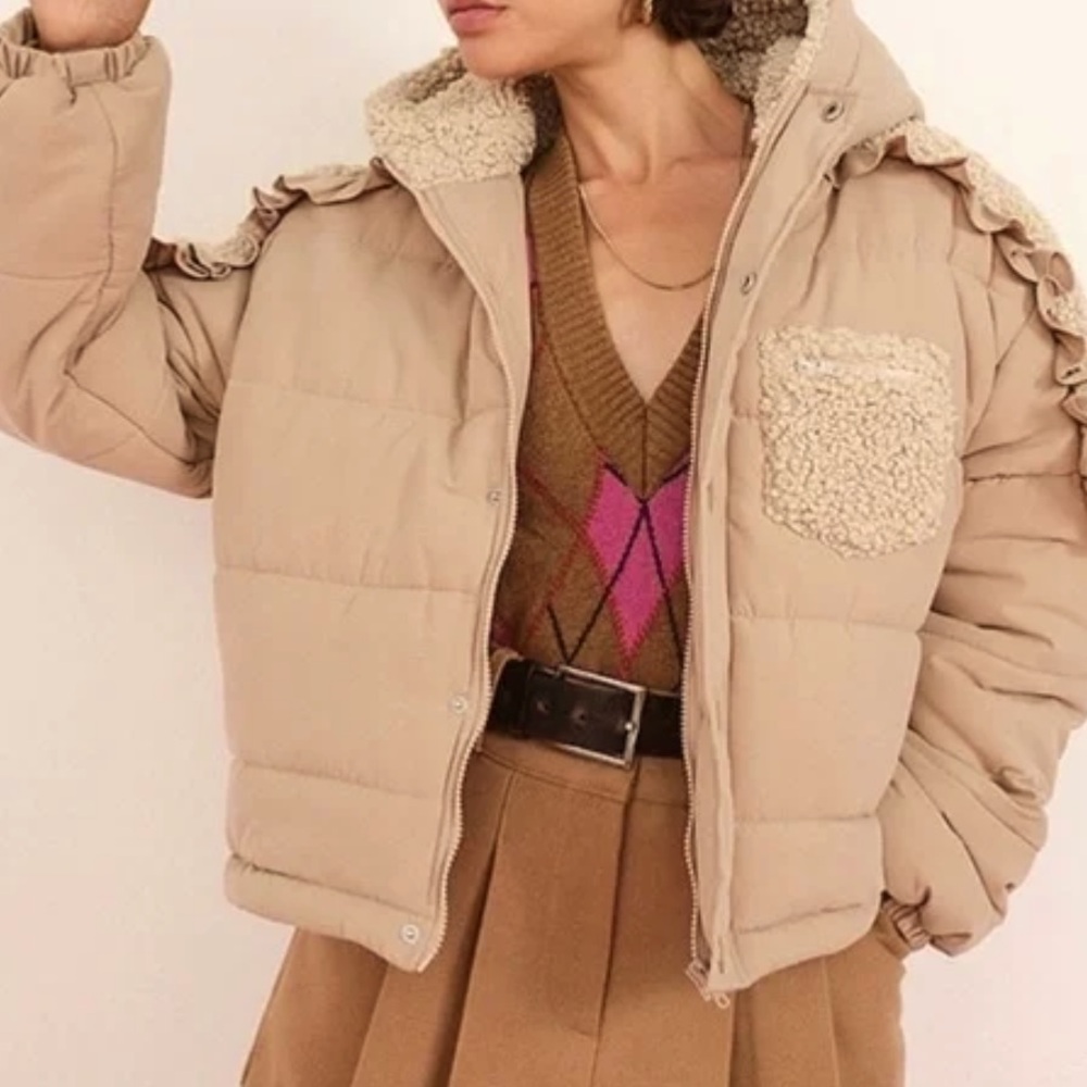 Women’s For Love and Lemons Tan Hooded Faux Sherpa Puffer Coat - Picture 2 of 7